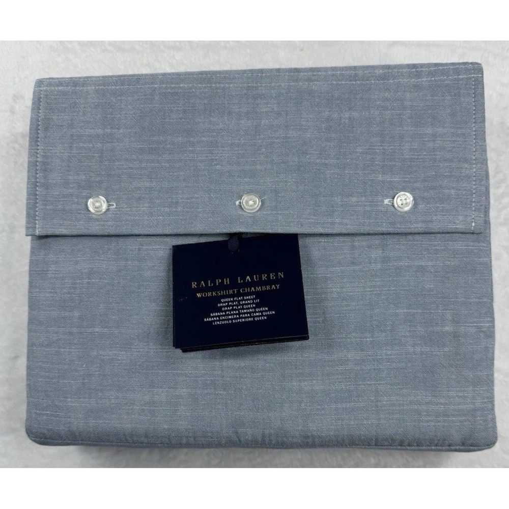 New Ralph Lauren WORKSHIRT CHAMBRAY Blue Flat Sheet - Queen $215